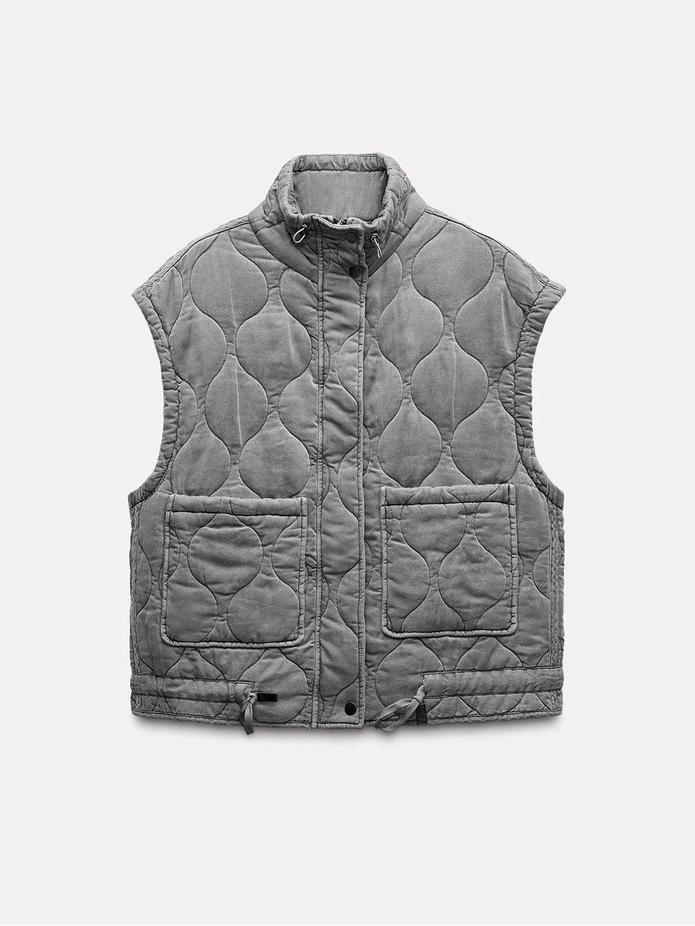 Zara Quilted Gray Cropped Boxy Funnel Neck Vest Jacket Size Small